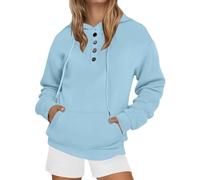 Genérico Felpa con collo a bottone, da donna, felpe con cappuccio, con cappuccio, taglia grande, felpe con cappuccio e coulisse, Blu chiaro, S