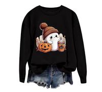 Generico Felpa Donna Senza Cappuccio di Halloween Print Girocollo Maglione Funny Hoodie Pullover Ghost Goth Punk Crewneck Sweatshirt Soft Fleece Oversized Invernali Maglione Festivo Donna Nero