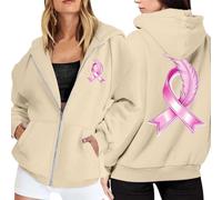 Genérico Felpa Nastro Rosa Felpe Con Cappuccio Donne Felpe Donne Cerniera Tasche Maniche Lunghe Mese Prevenzione e Controllo del Cancro Al Seno Casual All'aperto, A Beige, M