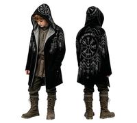 Generico Felpa Nera da Vichingo per Ragazzi, Cappotto Medioevale Unisex in Cotone con Stampa 3D, Mantello con Cappuccio Ideale per Feste Medioevali, Cosplay e Party a Tema