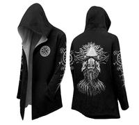 Genérico Felpa Stile Samurai con Kimono Cappotto Lungo Mitologia Nordica Felpa Teschio di Halloween Giacca con Cappuccio Grande Cappello Vichingo Medioevo, H, nero, XL