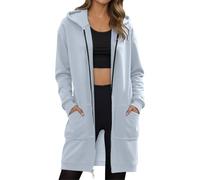 Genérico Felpe da donna con cappuccio felpe con cerniera tinta unita abbigliamento donna taglia grande felpa coprire le cosce comfort a casa casa interno cappuccio senza coulisse, C blu, S