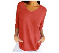 Generico Femmes Printemps décontracté Manches 3/4 Couleur unie col en V Pull Ample Tricot automne pulls hauts (Red, XXL)