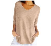 Generico Femmes Printemps décontracté Manches 3/4 Couleur unie col en V Pull Ample Tricot automne pulls hauts (Khaki, XXL)