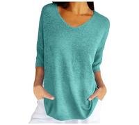 Generico Femmes Printemps décontracté Manches 3/4 Couleur unie col en V Pull Ample Tricot automne pulls hauts (Mint Green, XL)