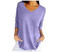 Generico Femmes Printemps décontracté Manches 3/4 Couleur unie col en V Pull Ample Tricot automne pulls hauts (Purple, S)