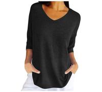 Generico Femmes Printemps décontracté Manches 3/4 Couleur unie col en V Pull Ample Tricot automne pulls hauts (Black, XL)