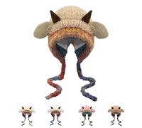 Generico Festive Christmas Antler Hat & Bag 2-in-1,Winter Warm Cute Knitted Hat,Transformable Storage Hats,with Lamb Horns (Khaki, One Size)