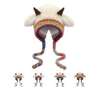 Generico Festive Christmas Antler Hat & Bag 2-in-1,Winter Warm Cute Knitted Hat,Transformable Storage Hats,with Lamb Horns (Beige, One Size)