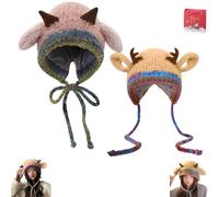 Generico Festive Christmas Antler Hat, Festive Christmas Antler Hat & Handbag 2-in-1, Cute Windproof Convertible Knitted Antlers (D,2PCS)