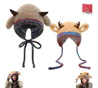 Generico Festive Christmas Antler Hat, Festive Christmas Antler Hat & Handbag 2-in-1, Cute Windproof Convertible Knitted Antlers (C,2PCS)