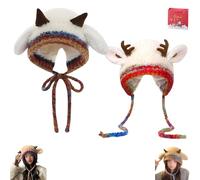 Generico Festive Christmas Antler Hat, Festive Christmas Antler Hat & Handbag 2-in-1, Cute Windproof Convertible Knitted Antlers (F,2PCS)