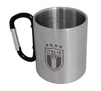 Generico FGCI MUG Acciaio Italia Logo con Manico Moschettone. H8cm Base 7cm. Per Campeggio, Gite, Scuola. Con cucchiaino plastica bianco azzurro riutilizzabile