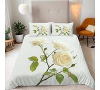 Generico Fiori Copripiumino una Piazza e Mezza 200x200cm Fiore Di Rosa Bianca Copripiumino Matrimoniale Microfibra Biancheria da Letto 3 Pezzi Set con Cerniera Nascosta e 2 Federe 50x75cm