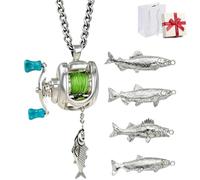 Generico Fishing Reel Necklace, Spinning Reel Pendant Necklaces with Rotating Handle & Moving Line Guide, Mini Fishing Gear Keychain for Anglers,Dad,Fisherman (Necklace with 4 Fish)