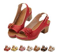 Generico Floral Block Heel Sandals for Women Open Toe Cutout Slingback Shoes with Adjustable Buckle Strap Comfortable Summer Dressy Casual Walking Sandals (red,39)