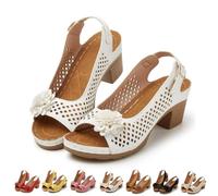 Generico Floral Block Heel Sandals for Women Open Toe Cutout Slingback Shoes with Adjustable Buckle Strap Comfortable Summer Dressy Casual Walking Sandals (white,39)