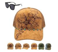 Generico Flower Patch Burned Suede Trucker Hat with Dainty Turquoise Stone Chain, Adjustable Casual Mesh Vintage Boho Sun cap