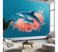 Generico Fotomurale 3D Carta Da Parati Arte Digitale Delfino Fiori 300 x 210 cm, Carta Da Parati Camera Letto Moderna Fotomurali Blu Murales Poster Gigante Moda Decorazione Da Muro