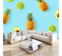 Generico Fotomurale Fotomurali 400 x 280 cm Frutti tropicali Ananas Kiwi Avocado Azzurro Carta da parati Decorazione da Muro Poster Marrone per Camere da Letto, dei Bambini Carta da Parati