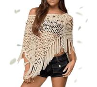 Generico Fringe Sequin Crochet Poncho, Lightweight Knit Mesh Batwing Sleeve Beach Cover ups, Sequin Ponchos Tops for Women (Apricot,Taglia Unica)