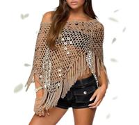 Generico Fringe Sequin Crochet Poncho, Lightweight Knit Mesh Batwing Sleeve Beach Cover ups, Sequin Ponchos Tops for Women (Khaki,Taglia Unica)