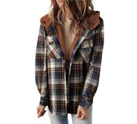 Generico Giacca da donna con cappuccio a quadri, maniche lunghe, chiusura con bottoni e fodera in finta lana. Un caldo cappotto di mezza stagione per l'autunno e l'inverno (Marrone scuro,S)