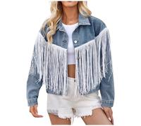 Generico Giacca di Jeans da Donna Lavaggio Vintage a Vento con Bottoni E Tasche corta streetwear Camicia Colletto Rovesciato manica lunga orlo sfilacciato strappato Per Il Tempo Libero