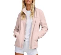 Genérico Giacca in pile da donna Giacca donna con cerniera con tasche Cappotto impermeabile taglia grande giacche antivento collo alto protezione contro il freddo in inverno, Rosa chiaro, 3XL