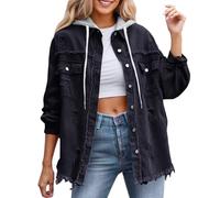 Generico Giacca Jeans Donna - Tasche Maniche Lunghe Giacche Oversize Strappati Invecchiato Giacca Jeans Denim Vintage Sfilacciati Giubbino Primavera Leggera Bottoni Cappuccio Militari