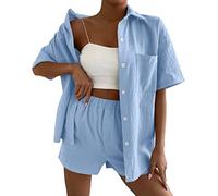 Generico Giacchetta Elegante Abito Casual da Donna alla Moda per Le Vacanze Pantaloncini Estivi Tinta Unita e Camicia con Colletto Completo Top a Due Pezzi Camicia con Risvolto Abiti Sexy