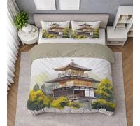 Generico Giallo Copripiumino Piazza E Mezza 200 X 200 cm, Architettura Tempio Albero Set Copripiumino, Biancheria da Letto, in microfibra liscia, Traspirante, Leggero, Antipiega, Comfort Quotidiano