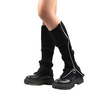 Generico Giarrettiera Scaldamuscoli lavorati a maglia a costine punk gotico da donna Calzini per stivali in tinta unita con cerniera laterale Copri piedi alti per studenti Calze per (Black, A)