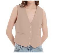 Generico Gilet corto da donna elegante piumino imbottito con bottoni frontali e scollo a V perfetto per autunnali e invernali giacca senza maniche leggera e raffinata (Khaki, XS)