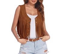 Generico Gilet Da Donna Con Frange Moda Frange Gilet 70s Hippie Costume Senza Maniche Cardigan Western Finta Pelle Scamosciata Capispalla Cardigan Per Carneval (X1-Khaki, L)