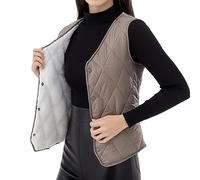 Generico Gilet Donna Trapuntato Collo Alto Leggera Bottoni in Resina Pelliccia Gilet Imbottito in Cotone(Khaki, XXL)