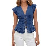 Generico Gilet Jeans Donna Estivo con Scollo a V e Bottone Canotta Senza Maniche in Denim Elegante Smanicato Slim Fit Tank Top Elasticizzate Canottiera Casual Giacca Streetwear