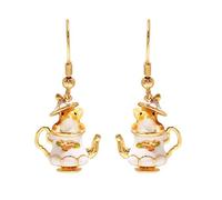 Generico Gioielli a forma topo nella teiera con, Earrings 2 | Illustrazione teiera bianca con un topo marrone, accenti color oro, dettagli verdi e un personaggio