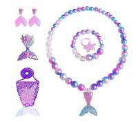 Genérico Gioielli per bambine, 7 orecchini, collana, bracciale, principessa, sirena, set di orecchini, accessori per cosplay, decorazioni per feste in costume per bambini