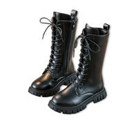 Generico Girls' Boots, Girls Lace Up Riding Boots Mid Calf Combat Boot, Fashion Waterproof Pu Leather Side Zipper Punk Goth Boot (Black,34)