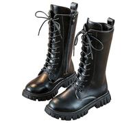 Generico Girls' Boots, Girls Lace Up Riding Boots Mid Calf Combat Boot,Side Zipper Punk Goth Lug Sole Ankle Booties 4-12 Years (Black,11.5)