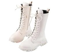 Generico Girls' Boots, Girls Lace Up Riding Boots Mid Calf Combat Boot,Side Zipper Punk Goth Lug Sole Ankle Booties 4-12 Years (White,3.5)