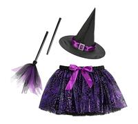 Generico Girls Cosplay Party Costume - Girls Witch Tutu Skirt Costume Set With Hat & Broom | Violet Spider Web Witch Dress-Up Outfit | Handmade Halloween Tulle Skirt With Lining For Kids