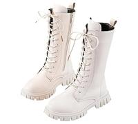 Generico Girls Lace Up Riding Boots Mid Calf Combat Boot, Fashion Waterproof PU Leather Side Zipper Punk Goth Boot 4-12 Years (White-Plush,13.5)