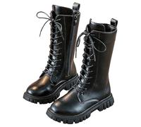Generico Girls Lace Up Riding Boots Mid Calf Combat Boot, Fashion Waterproof PU Leather Side Zipper Punk Goth Boot 4-12 Years (Black-No Plush,9.5)