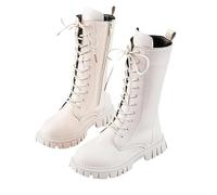 Generico Girls Lace Up Riding Boots Mid Calf Combat Boots, Fashion PU Leather Side Zipper Punk Goth Bootfor Toddler Little Kid Big Kid (White Velvet,35.5)