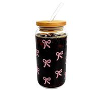 Generico Glass Cups - 7.5x15.3cm 500ml Clear Jar, Spill Proof, Cup With Lid | Bow Design, Straw Included, Stylish Glassware For Home, Bar, Office, Party, Birthday, Christmas, Valentine's Day