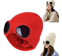 Generico Goggle Knitted Beanie,Unisex Goggle Knitted Beanie Hat Windproof Warm Winter Skull cap,Chunky Soft Slouchy Beanie Outfits，Red