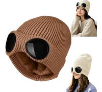 Generico Goggle Knitted Beanie,Unisex Goggle Knitted Beanie Hat Windproof Warm Winter Skull cap,Chunky Soft Slouchy Beanie Outfits，Khaki