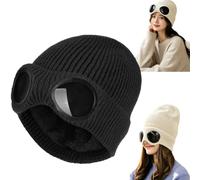 Generico Goggle Knitted Beanie,Unisex Goggle Knitted Beanie Hat Windproof Warm Winter Skull cap,Chunky Soft Slouchy Beanie Outfits，Black
